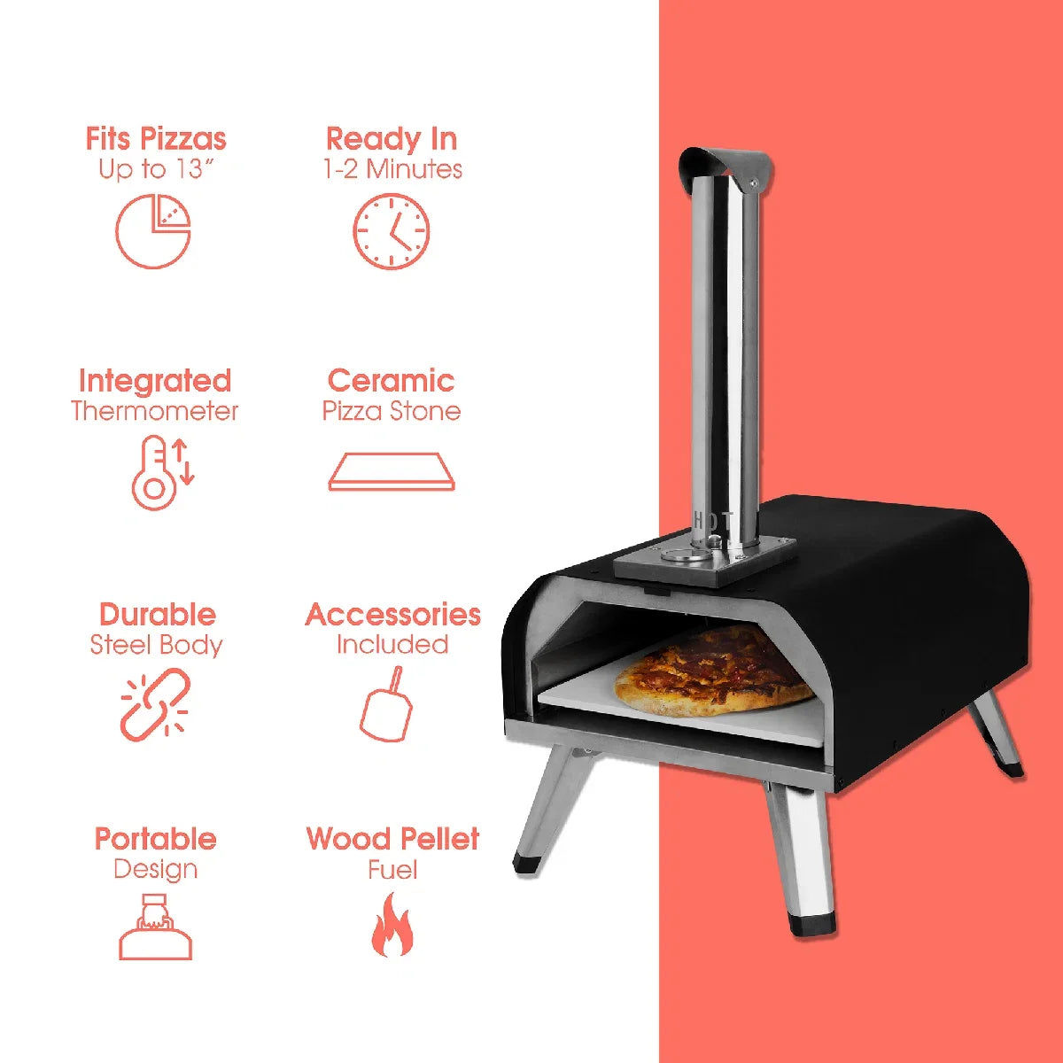 Abode AWPPO01BPC, 13” Wood Pellet Pizza Oven with Paddle & Carry Bag in Black