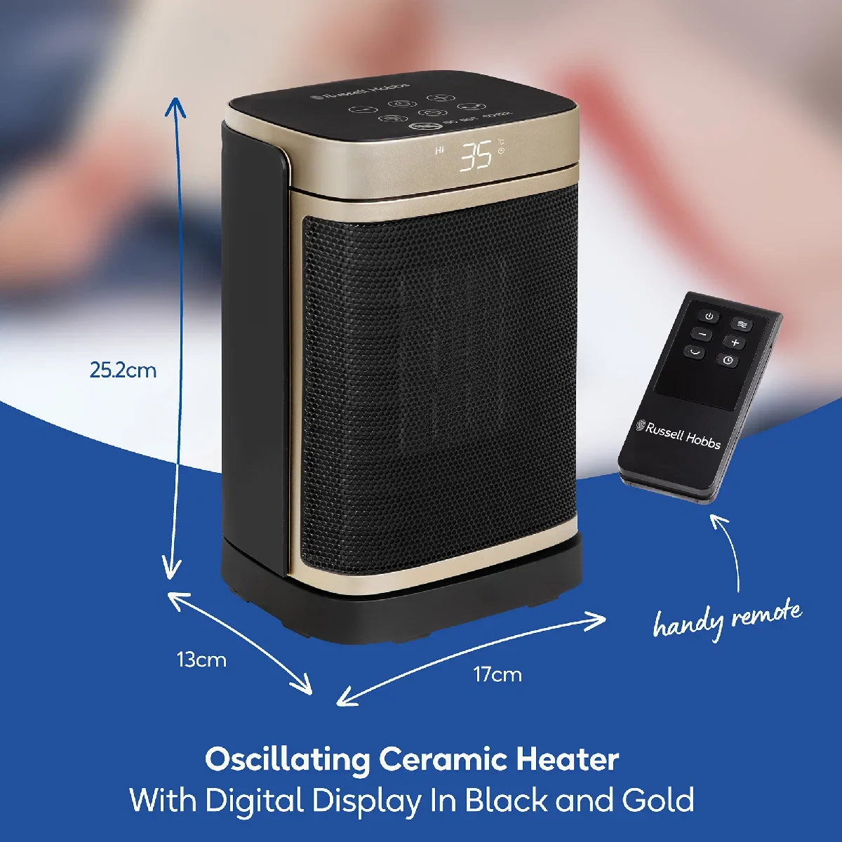 Russell Hobbs, RHCH2001G, 1.5kW Oscillating Ceramic Heater in Black and Gold, Square Design