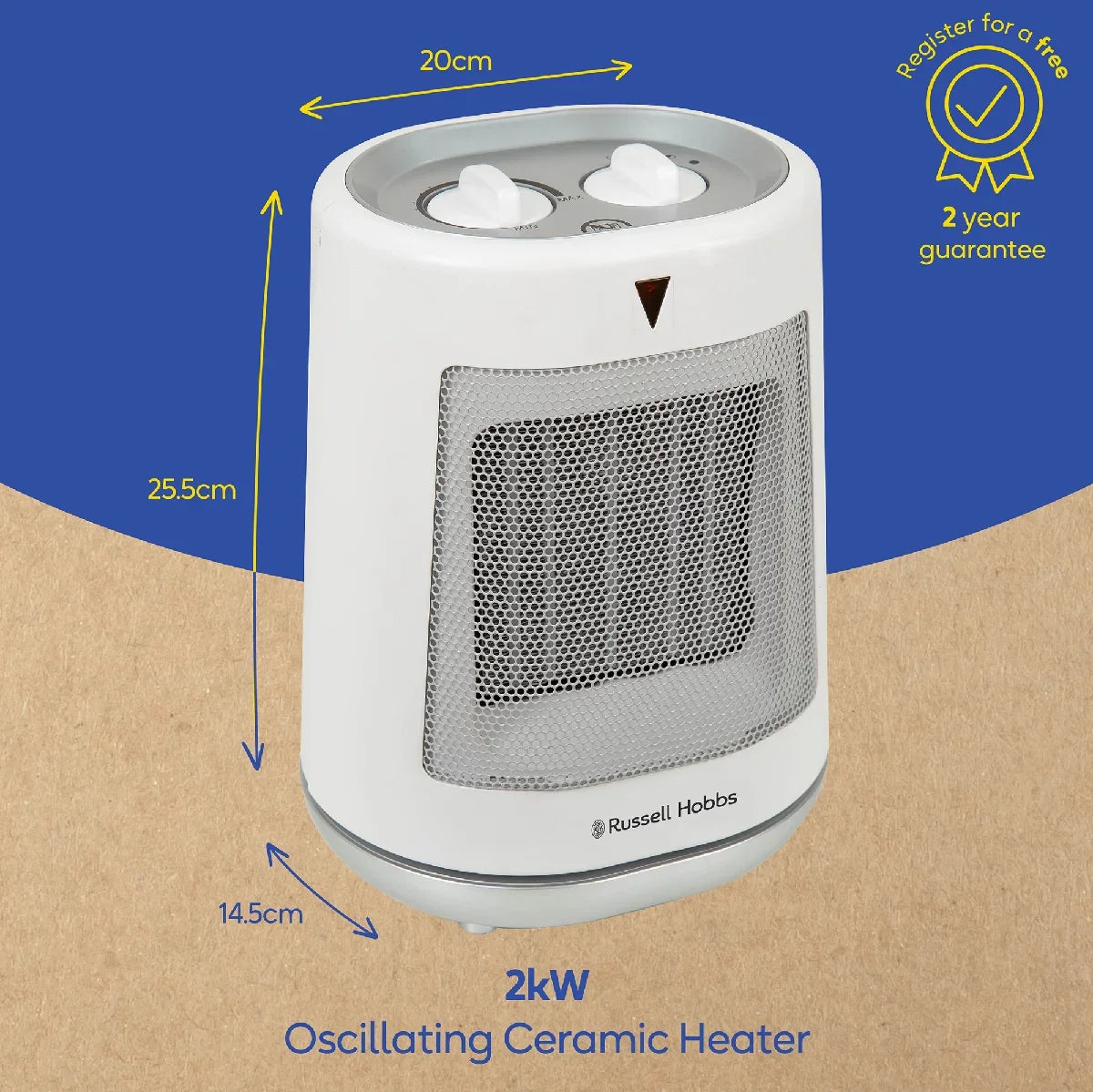 Russell Hobbs RHFH1008 2kW Oscillating Ceramic Heater in White and Grey