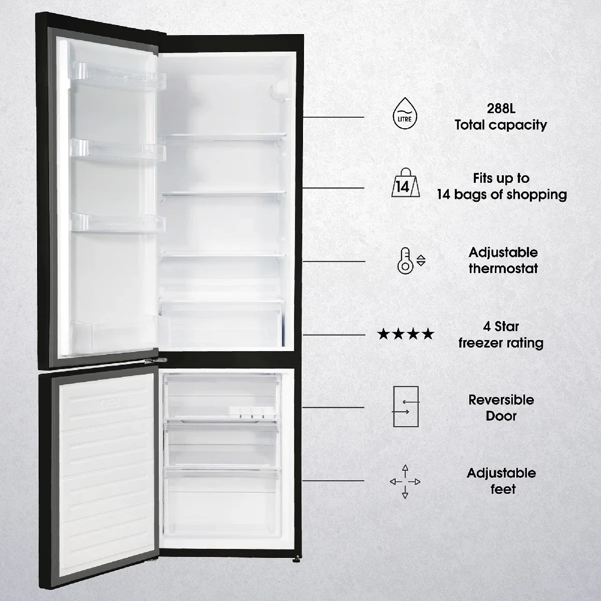 Abode A180FF541E1B, 288L 70/30 Static Fridge Freezer in Black