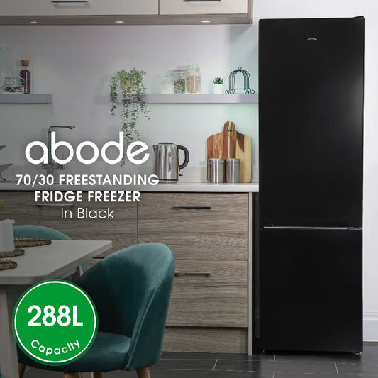 Abode A180FF541E1B, 288L 70/30 Static Fridge Freezer in Black