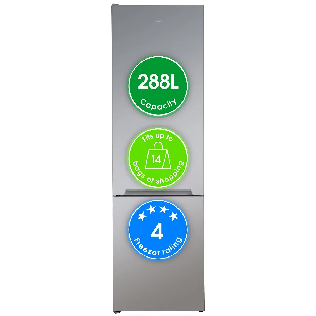Abode A180FF541E1S, 288L 70/30 Static Fridge Freezer in Silver