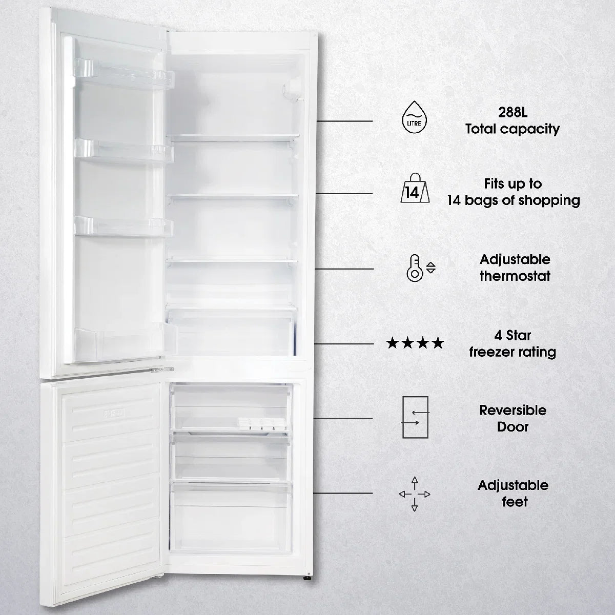 Abode A180FF541E1W, 288L 70/30 Static Fridge Freezer in White
