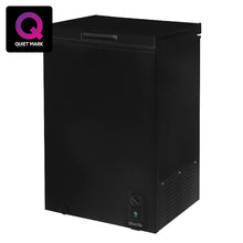 A black obode brand top-freezer refrigerator with a control dial and green indicator light on the front lower corner, shown on a white background with a Quiet Mark badge in the top-left corner.
