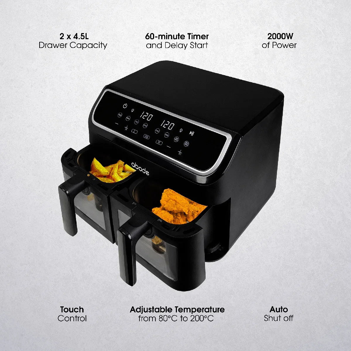 Abode AAF9000, 9L Touch Control Dual Drawer Air Fryer in Black