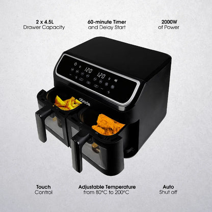 Abode AAF9000, 9L Touch Control Dual Drawer Air Fryer in Black