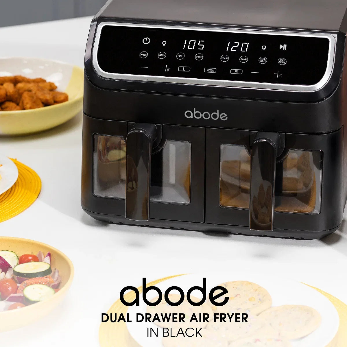 Abode AAF9000, 9L Touch Control Dual Drawer Air Fryer in Black