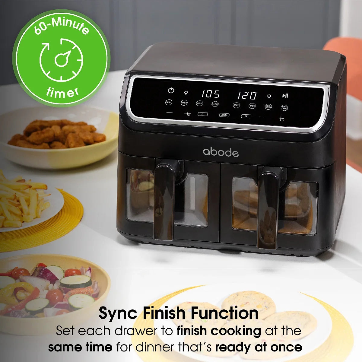 Abode AAF9000, 9L Touch Control Dual Drawer Air Fryer in Black