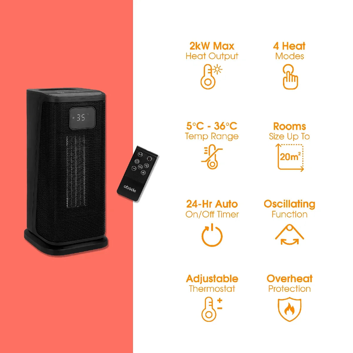 Abode ACTH2005, Digital Ceramic Tower Heater with Touch Control & Remote in Black