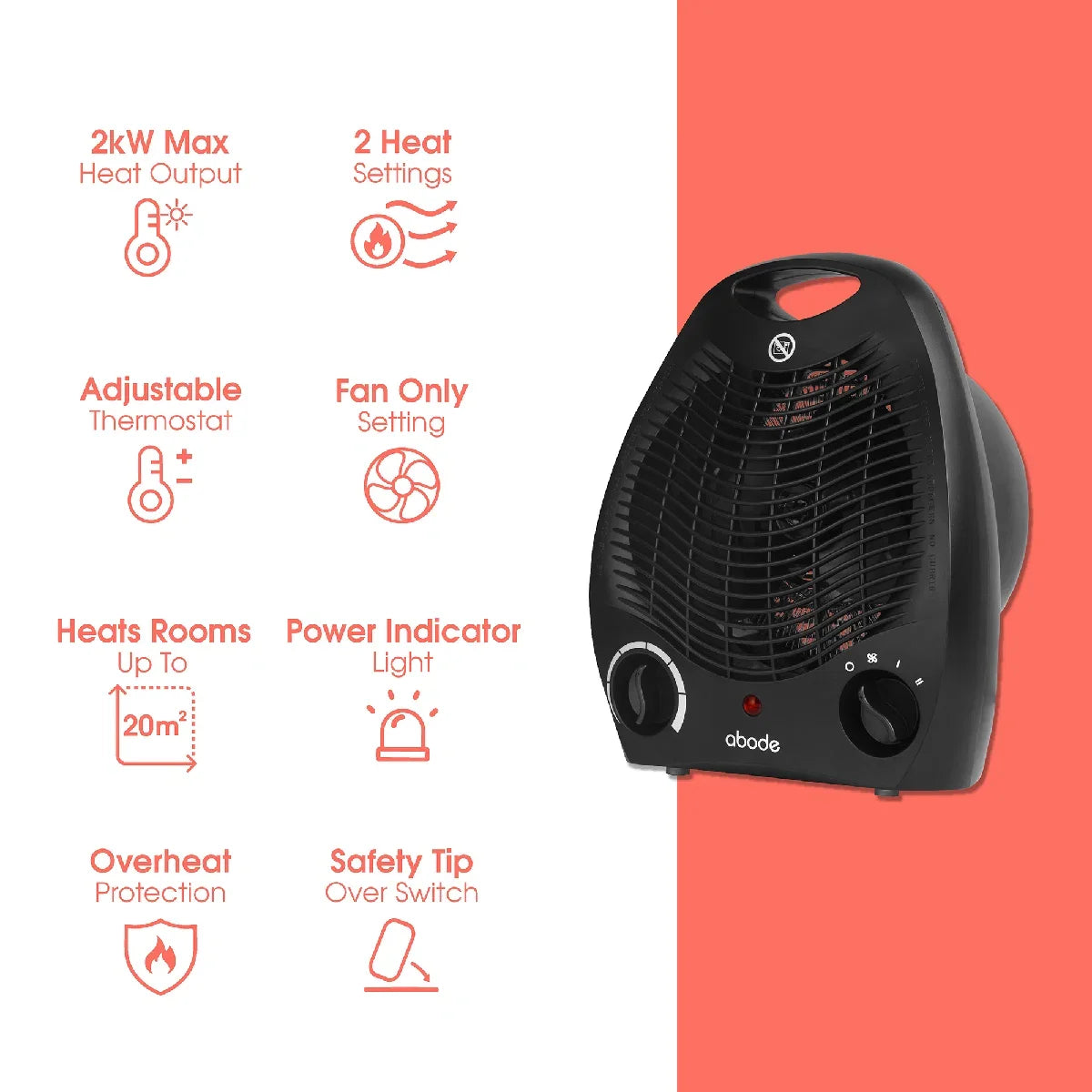 Abode AFH1002B 2kW Fan Heater in Black