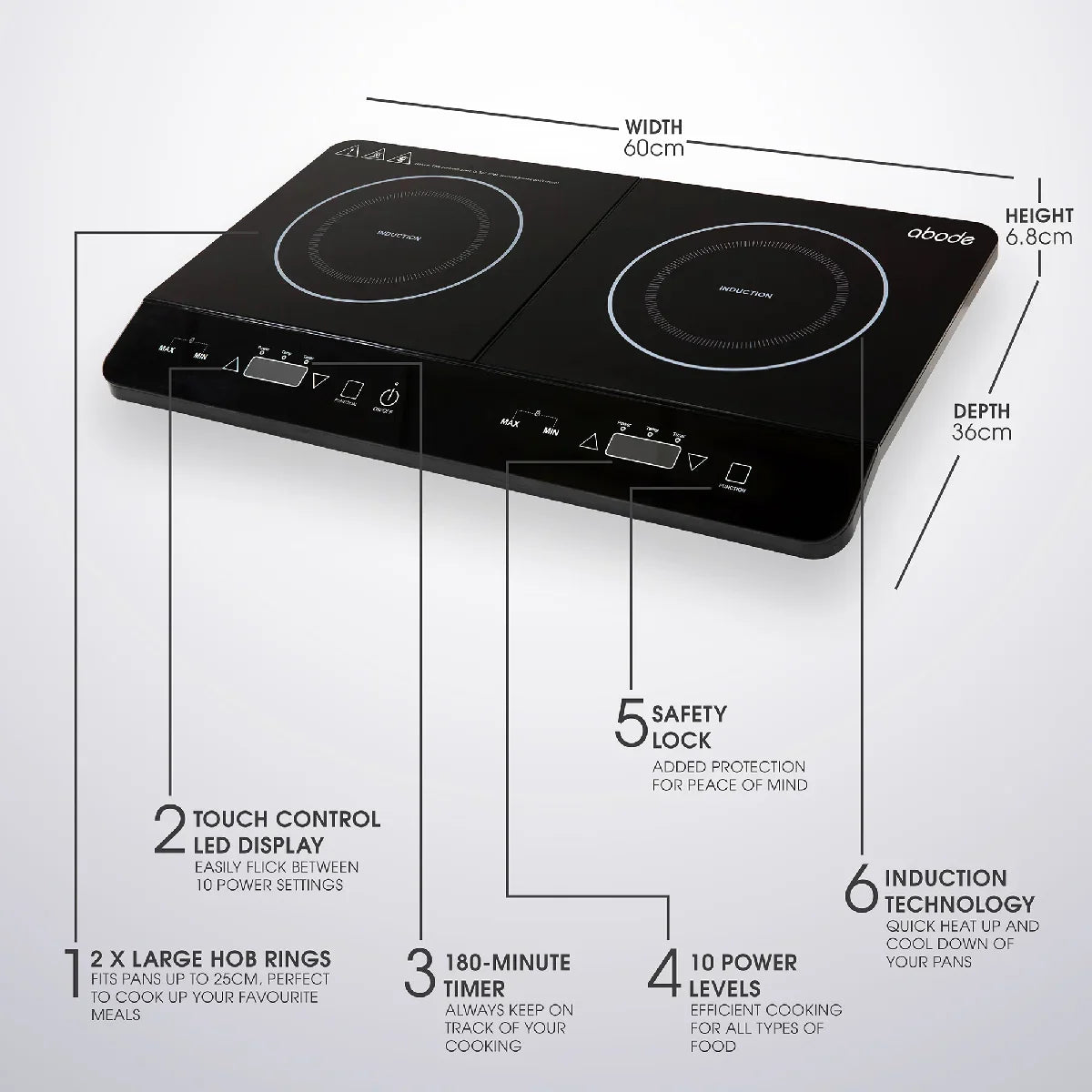 Abode AINDH2002 Portable Double Induction Hob, Digital Dual Control 2.8kW Plug & Play - Black
