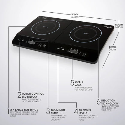 Abode AINDH2002 Portable Double Induction Hob, Digital Dual Control 2.8kW Plug & Play - Black
