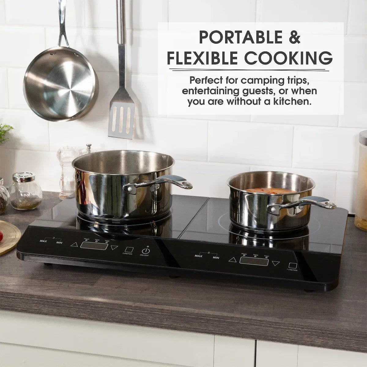 Abode AINDH2002 Portable Double Induction Hob, Digital Dual Control 2.8kW Plug & Play - Black