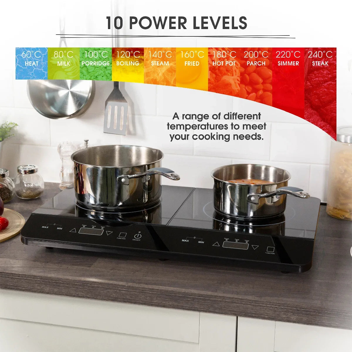 Abode AINDH2002 Portable Double Induction Hob, Digital Dual Control 2.8kW Plug & Play - Black