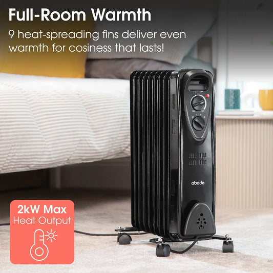 Abode AOFR9003B, 2kW 9 Fin Oil Filled Radiator in Black