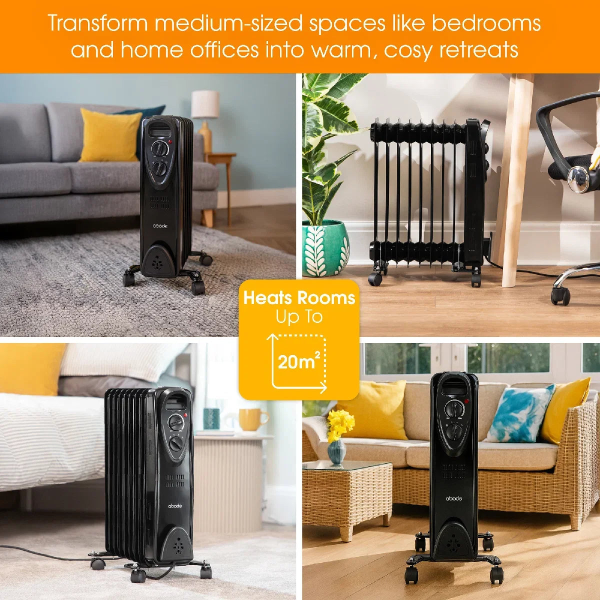 Abode AOFR9003B, 2kW 9 Fin Oil Filled Radiator in Black