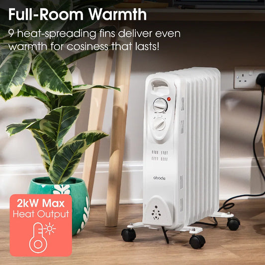 Abode AOFR9003, 2kW 9 Fin Oil Filled Radiator in White