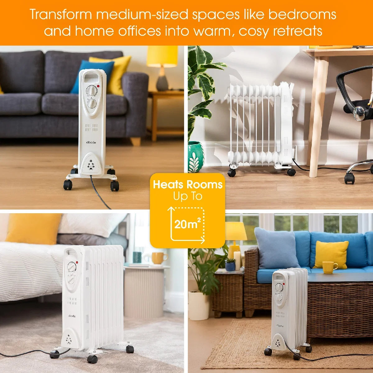 Abode AOFR9003, 2kW 9 Fin Oil Filled Radiator in White