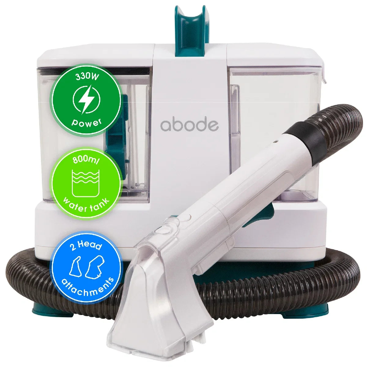 Abode vacuum cleaner with power, water flow, and attachment features displayed on a white background