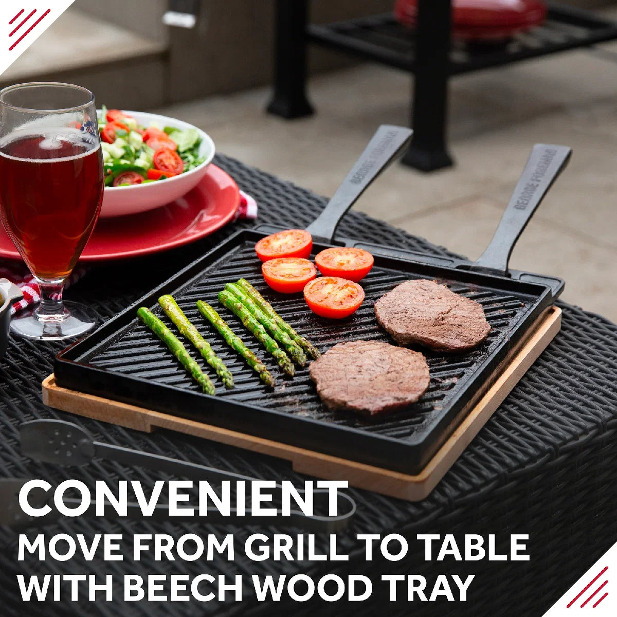 George Foreman GFDSGP01 Dual-Sided Griddle Plate with Beech Tray Black