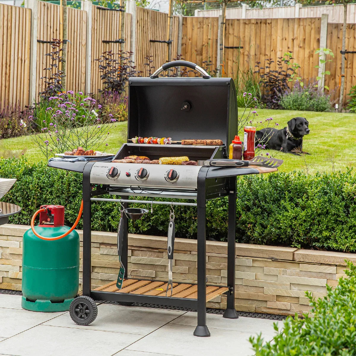 George Foreman GFGBBQ3BW 3 Burner Gas BBQ Black & Wood