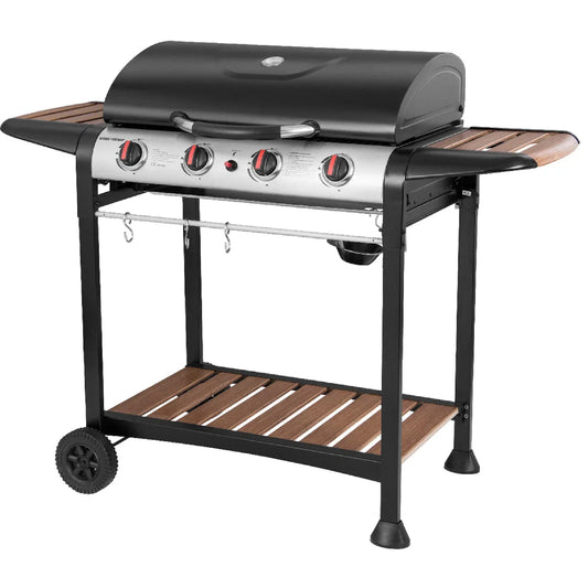 George Foreman GFGBBQ4BW 4 Burner Gas BBQ in Black & Wood