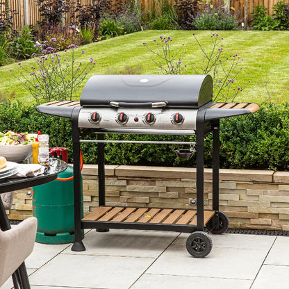 George Foreman GFGBBQ4BW 4 Burner Gas BBQ in Black & Wood