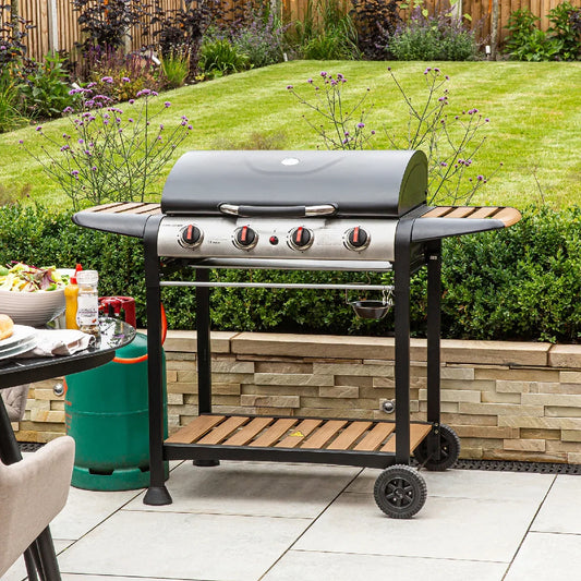 George Foreman GFGBBQ4BW 4 Burner Gas BBQ in Black & Wood