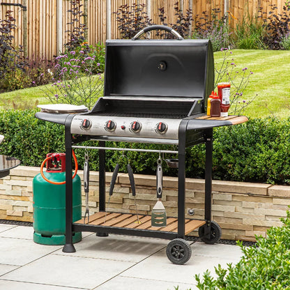 George Foreman GFGBBQ4BW 4 Burner Gas BBQ in Black & Wood