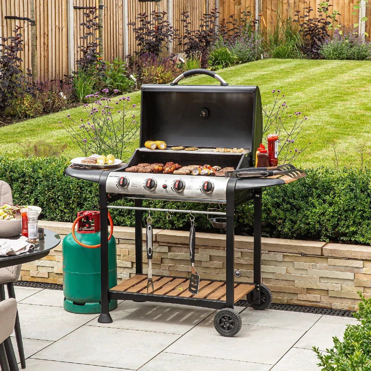 George Foreman GFGBBQ4BW 4 Burner Gas BBQ in Black & Wood