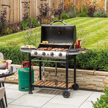 George Foreman GFGBBQ4BW 4 Burner Gas BBQ in Black & Wood