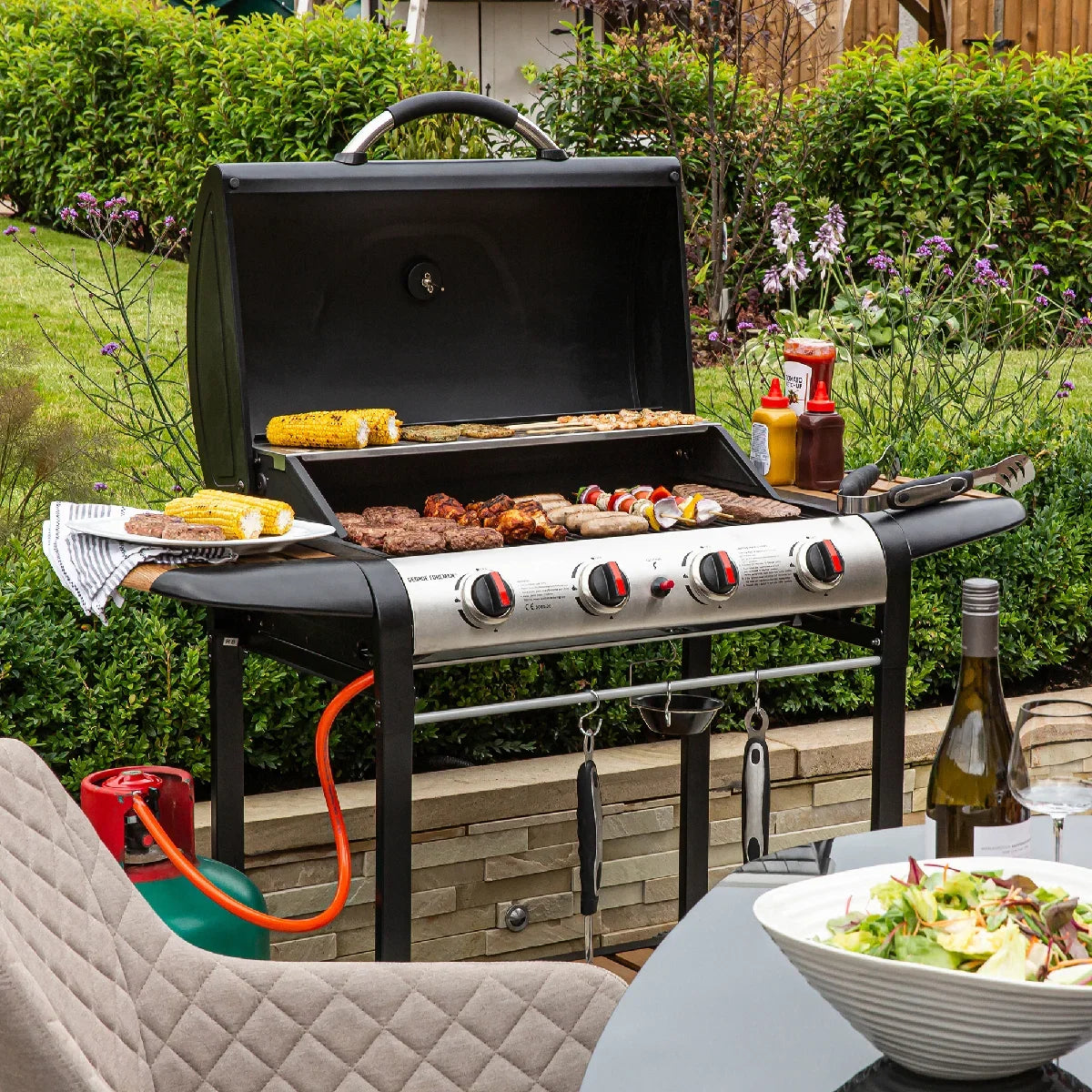 George Foreman GFGBBQ4BW 4 Burner Gas BBQ in Black & Wood