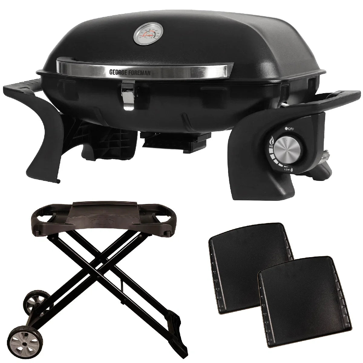 George Foreman GFSBBQ1TR Portable Gas BBQ 1 Burner with side shelves and trolley