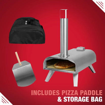 George Foreman GFWPPO1SSPC 12'' Wood Pellet Pizza Oven with Paddle & Carry Bag in Stainless Steel