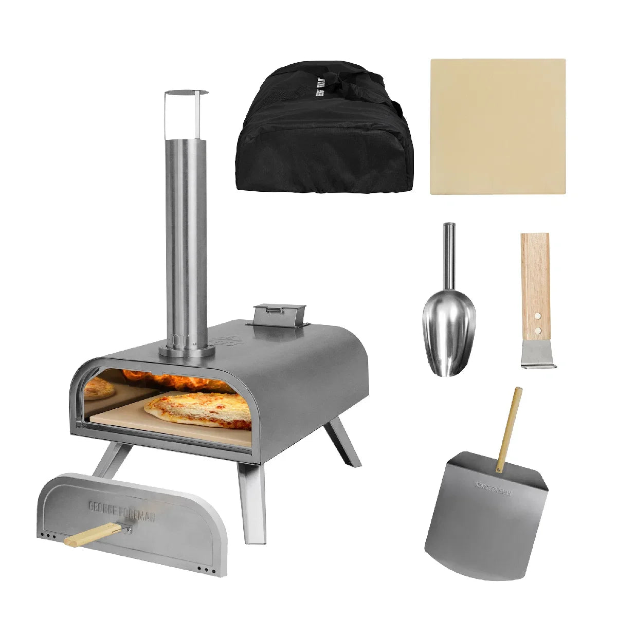 George Foreman GFWPPO2SSPC 16'' Wood Pellet Pizza Oven with Paddle & Carry Bag in Stainless Steel