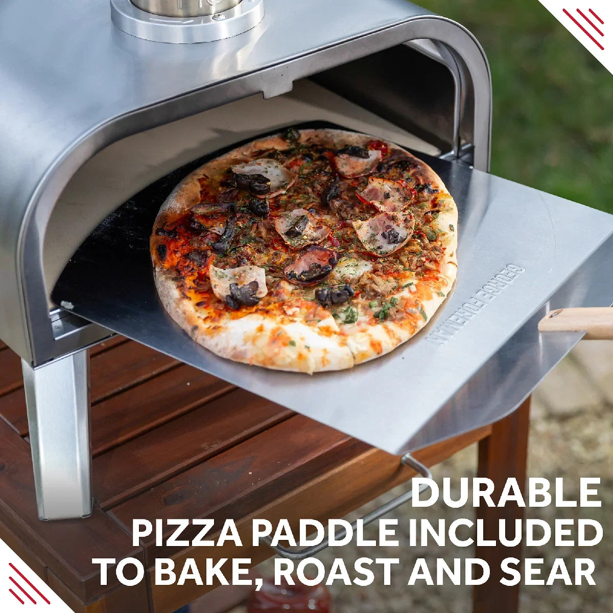 George Foreman GFWPPO2SSPC 16'' Wood Pellet Pizza Oven with Paddle & Carry Bag in Stainless Steel
