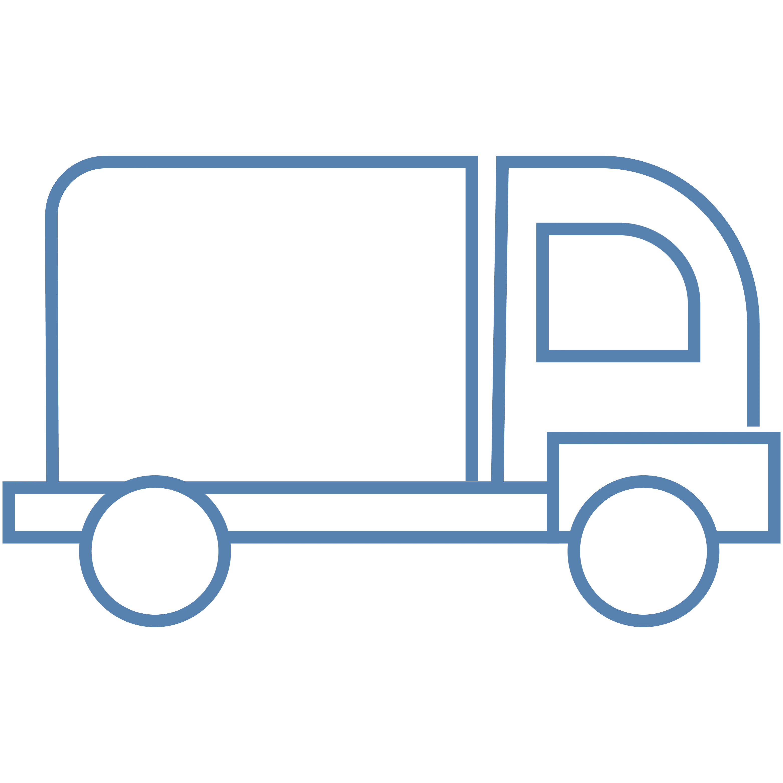 A simple blue line drawing of a box truck on a plain white background.