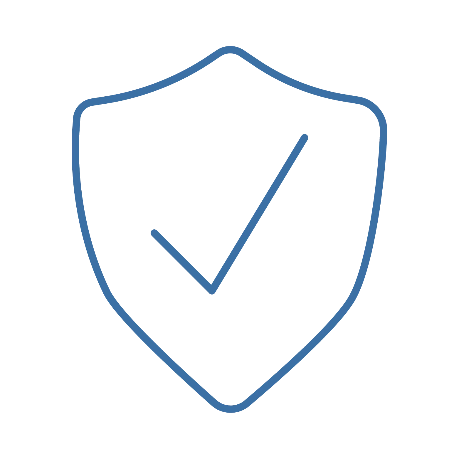 A blue outline shield icon with a checkmark inside, centered on a light gray background.