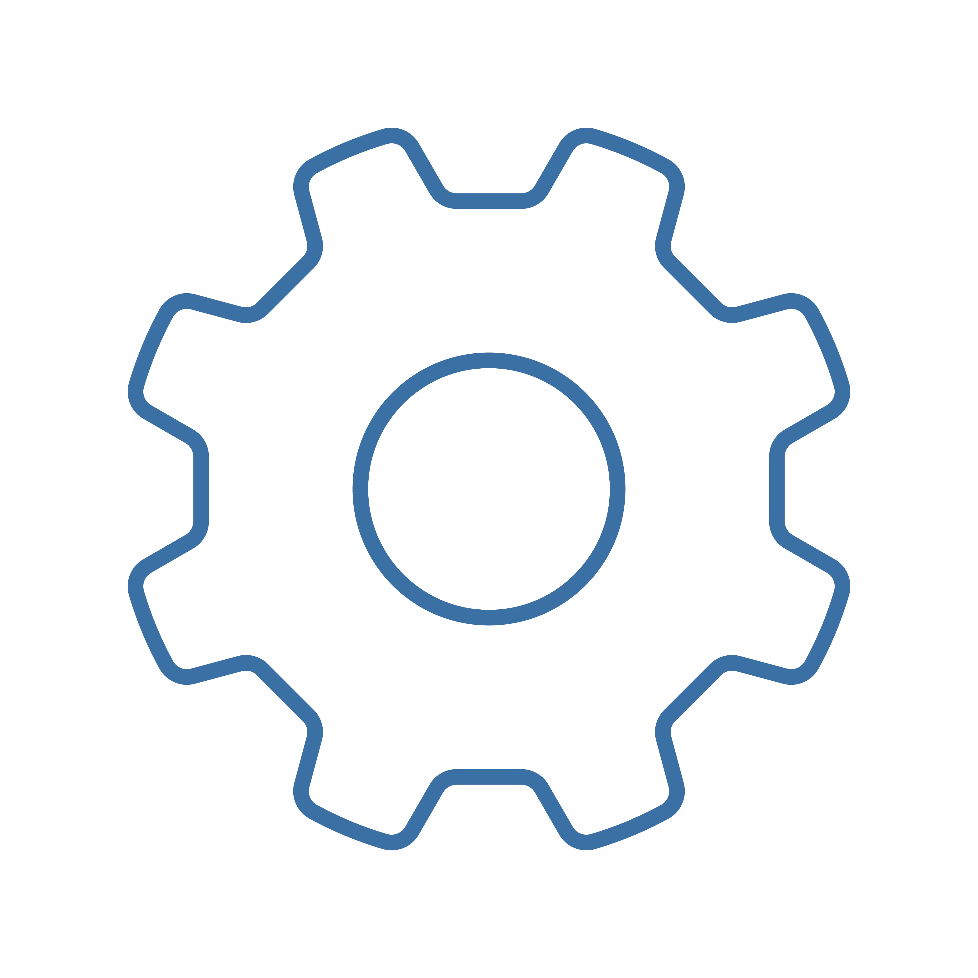 A simple blue gear outline icon centered on a light gray background.