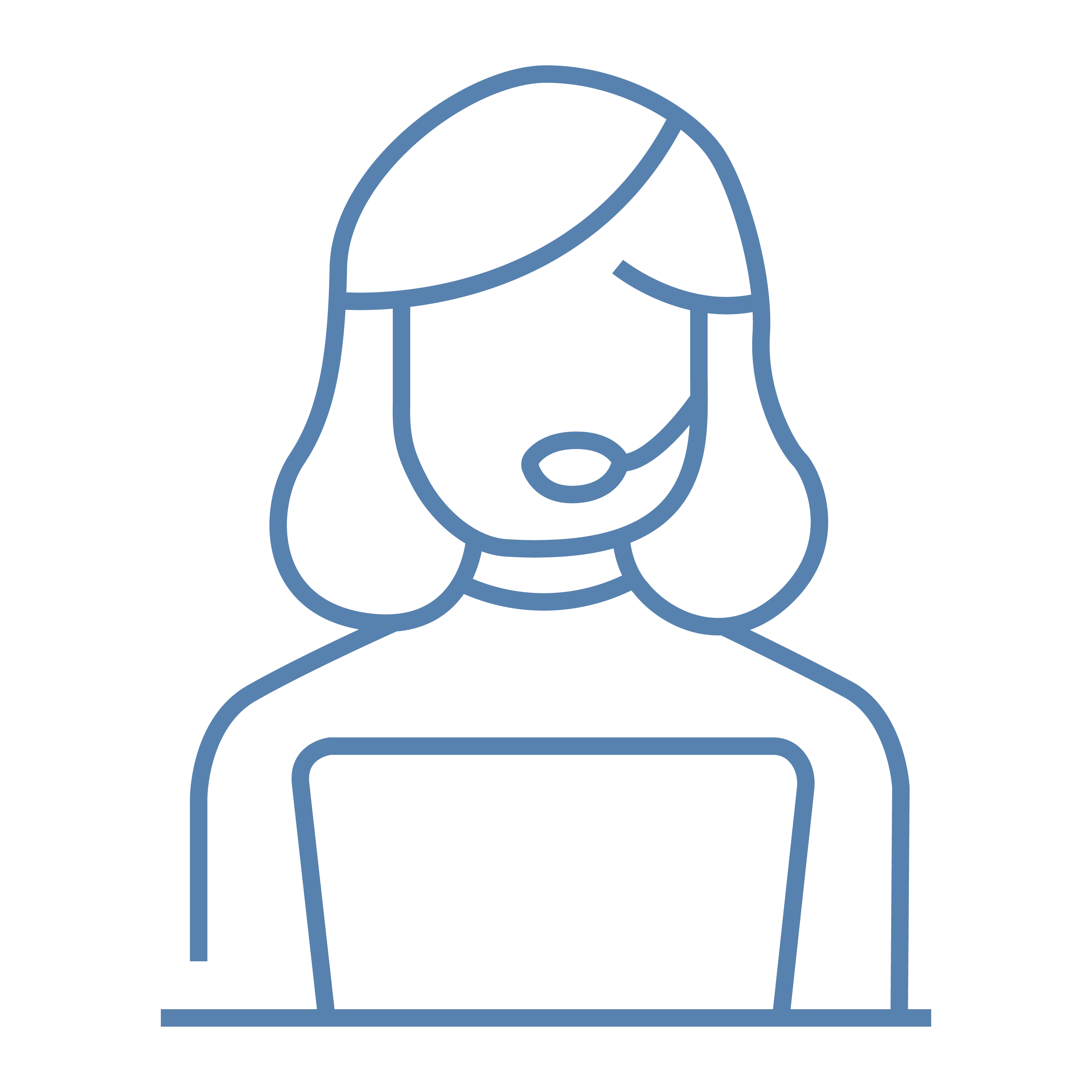 A minimalist blue line icon of a woman with shoulder-length hair wearing a headset, seated at a desk with a laptop, on a plain white background.
