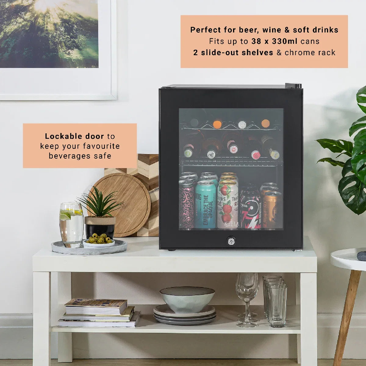 Kuhla KBC1B 46L Lockable Glass Door Beer, Wine and Drinks Cooler in Black