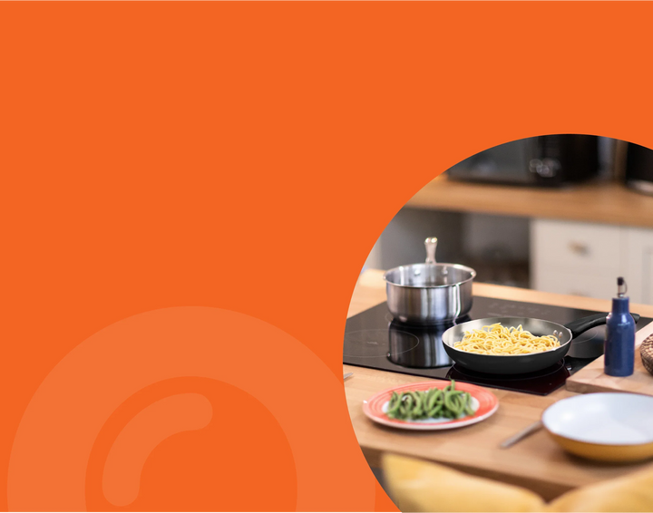 inset image of food being prepared on a domestic kitchen hob with an orange frame