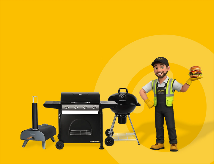 Graphic of a Person holding a burger next to various grills on a yellow background