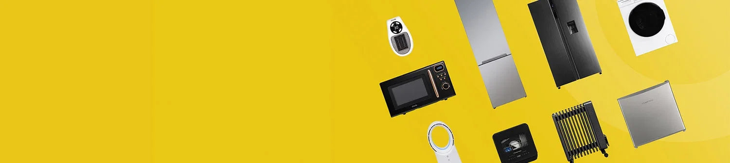 Collection of electronic devices on a yellow background