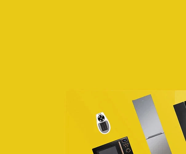 A bright yellow graphic background with partial views of modern appliances, including a stainless steel refrigerator, a black microwave, and a small white device, arranged along the bottom edge.