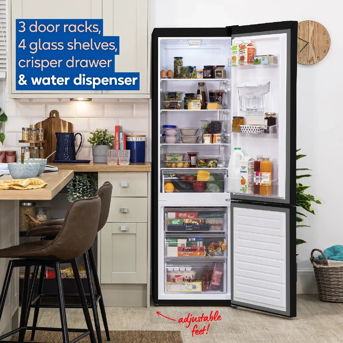 Russell Hobbs RH180FFFF551E1BWD Black 54cm Wide 180cm High Freestanding Frost Free Fridge Freezer with Water Dispenser