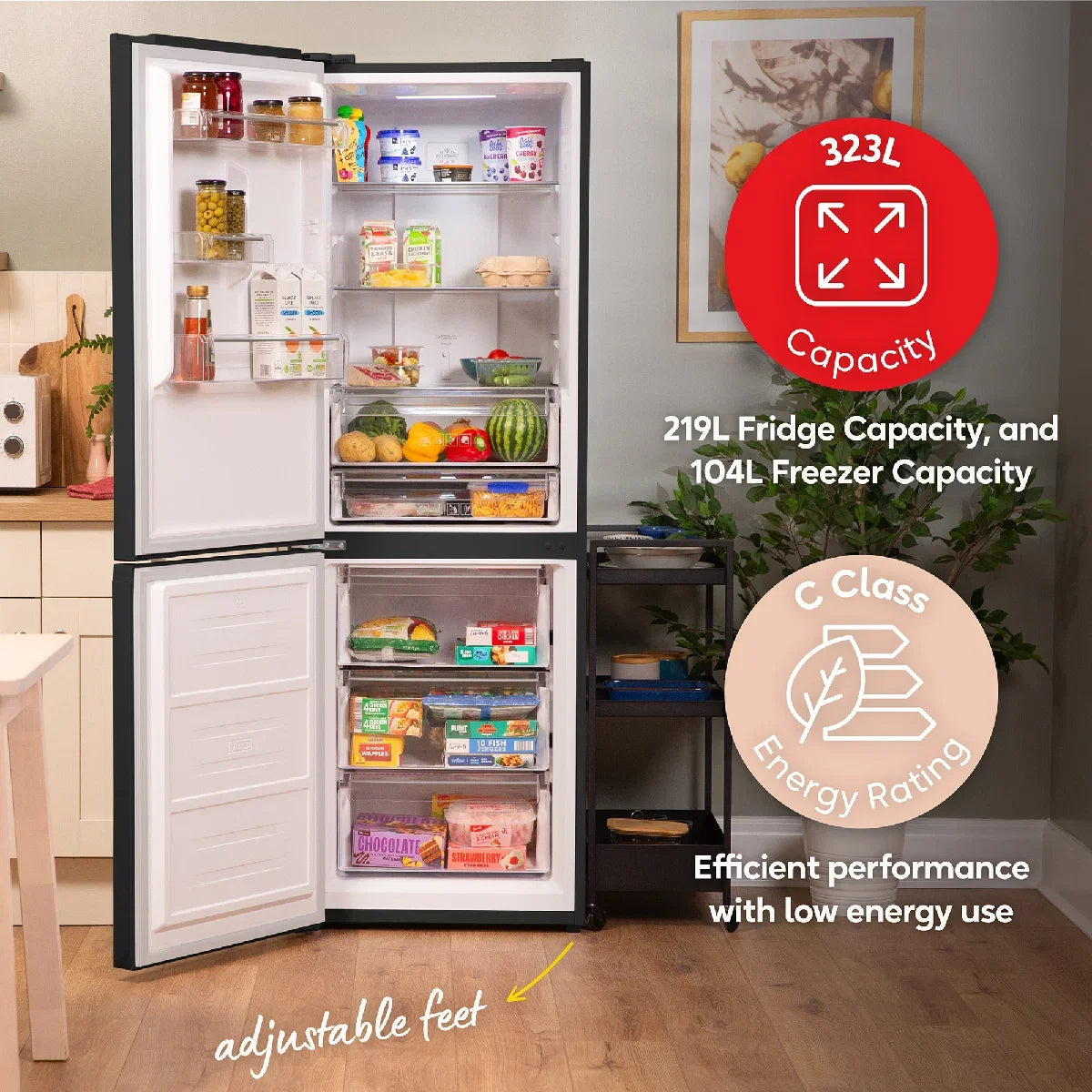 Russell Hobbs RH184FF602C1DI, 60/40 Freestanding 323L Total No Frost Fridge Freezer in Black Steel