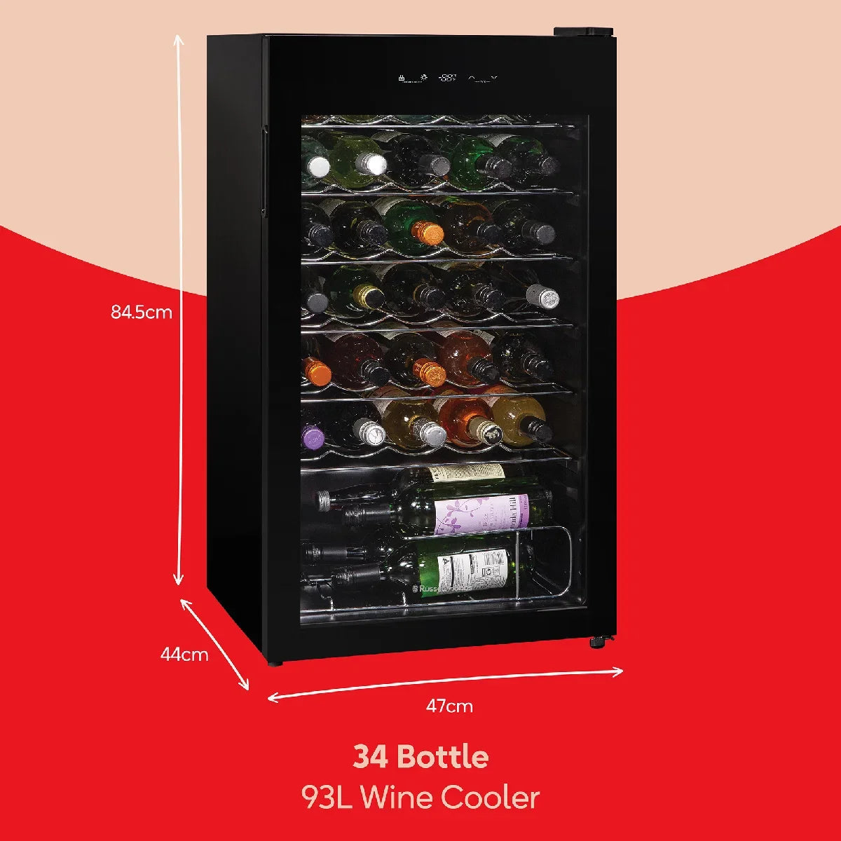 Russell Hobbs RH34WC101B, 34 Bottle, 93L Wine Cooler in Black
