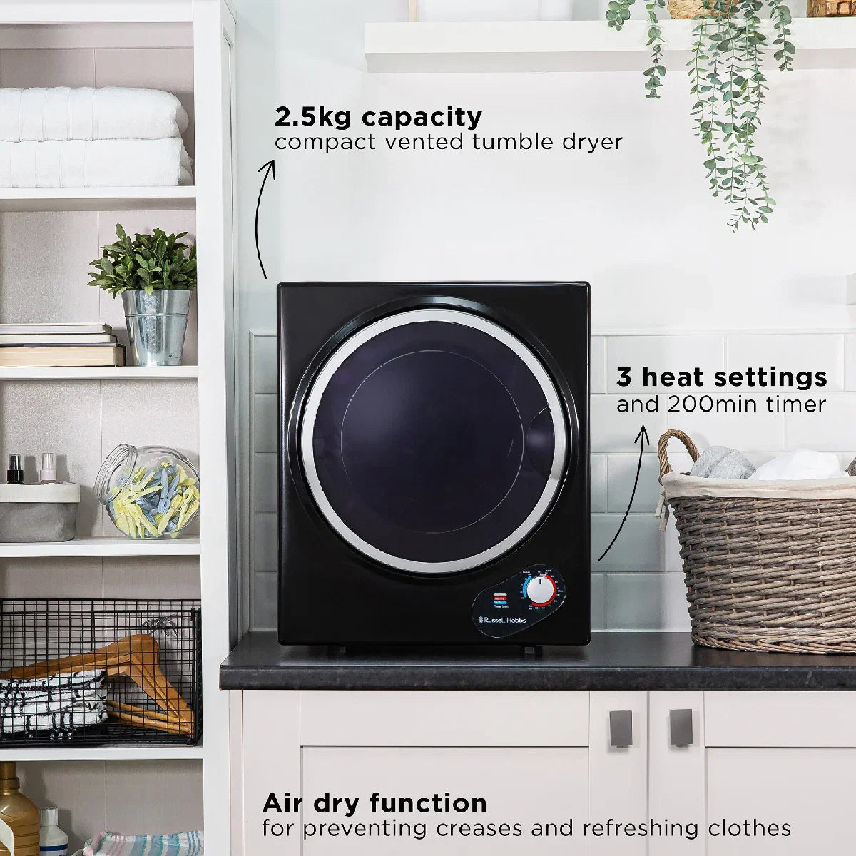 Russell Hobbs RH3VTD800B 2.5kg Compact Vented Tumble Dryer in Black