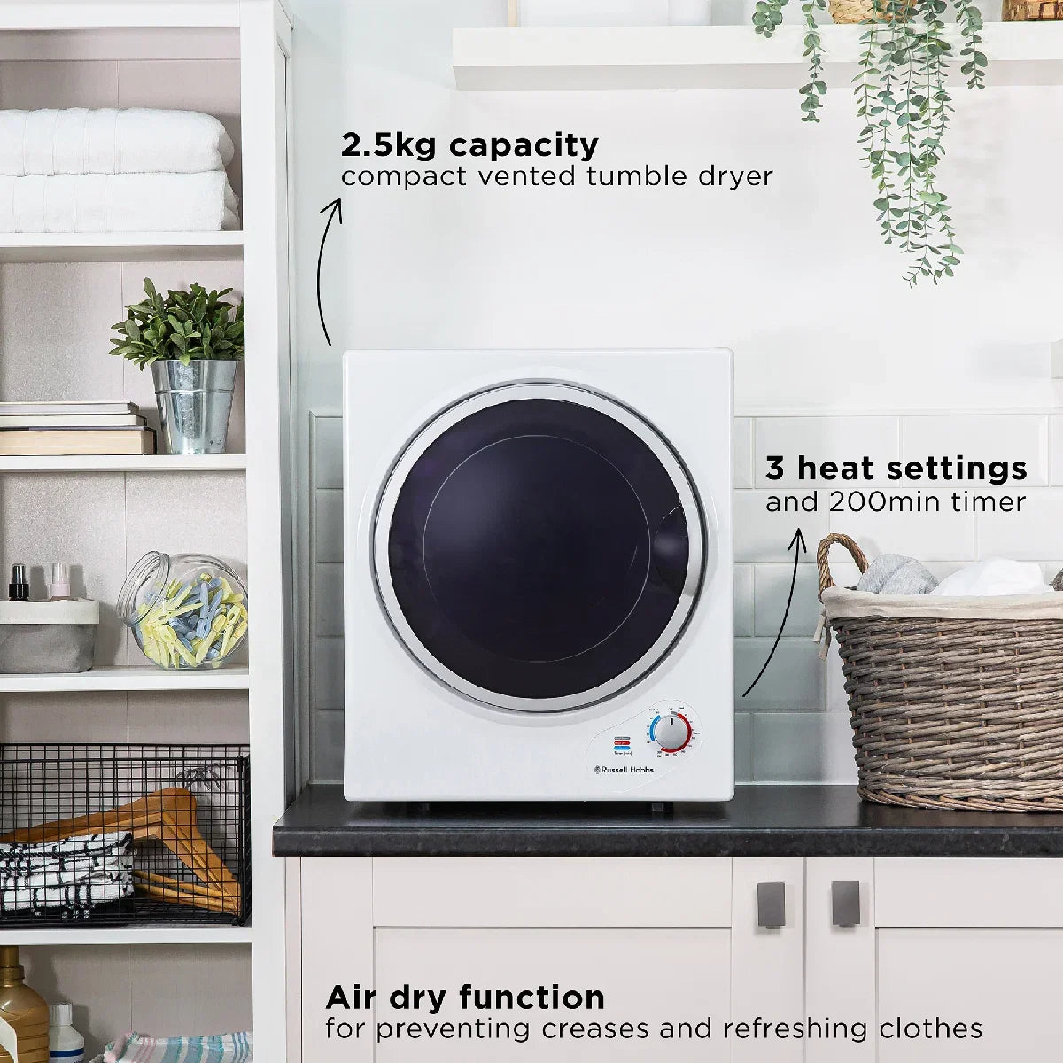 Russell Hobbs RH3VTD800 2.5kg Compact Vented Tumble Dryer in White